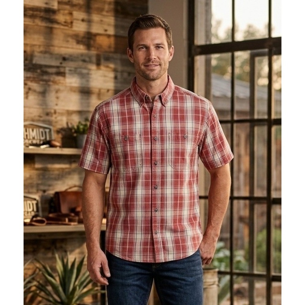 CE Schmidt Workwear Men's Red Plaid Short Sleeve Button Down Shirt Cotton Size M
